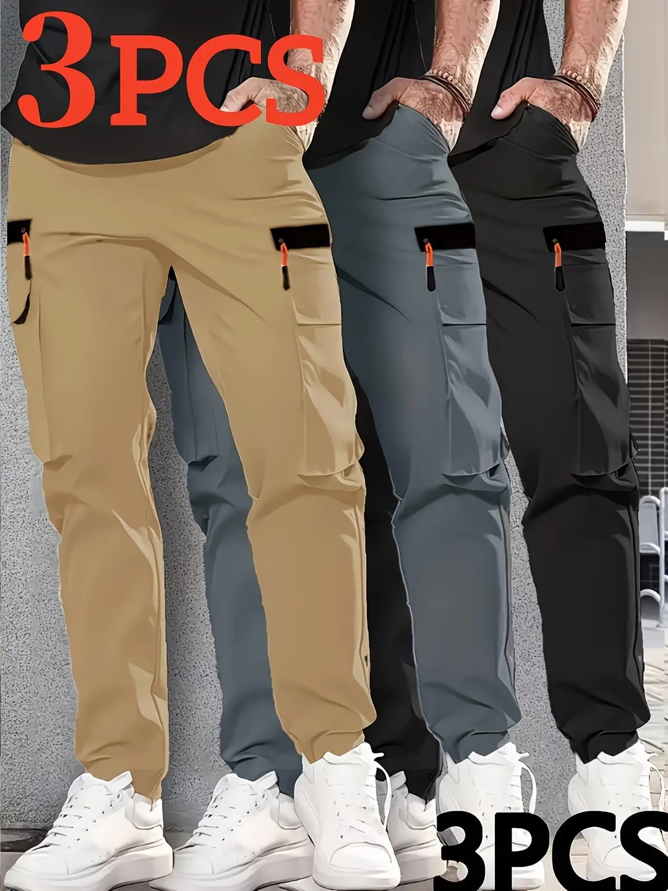 Men's Outdoor Loose Fit Work Pants, 3-Pack Multi-Pocket Design, Lightweight Breathable Long Trousers, Ideal for Hiking Camping Daily Wear