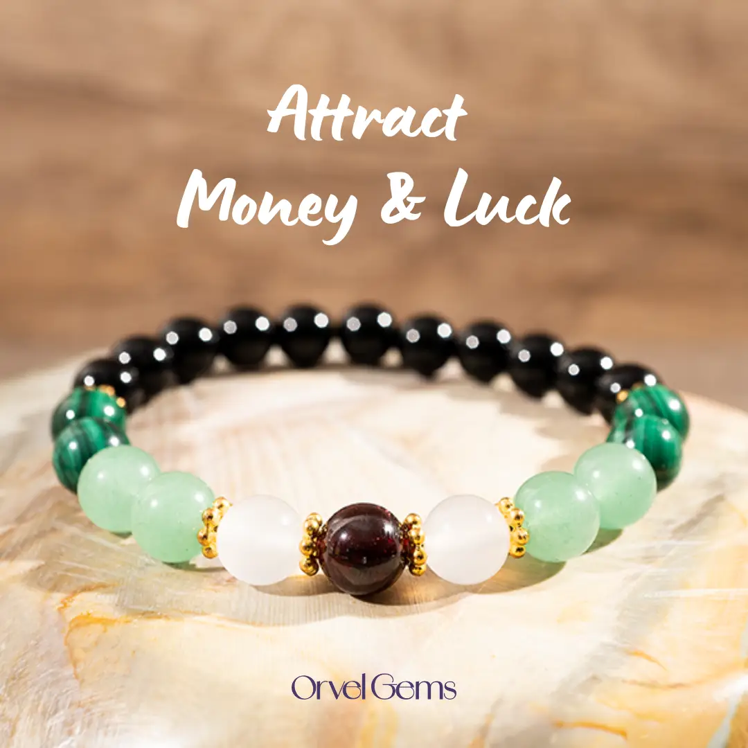 Abundance & Luck Crystal Bracelet – Malachite, White Jade, Garnet, Aventurine & Black Tourmaline | Handmade Gemstone Jewelry for Her | Thoughtful Moth