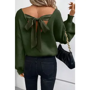 Jungle Green Lantern Sleeve V Neck Knot Back Sweater