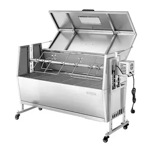 Rotisserie Grill, 38W BBQ Outdoor Pig Lamb Spit Roaster, Charcoal Spit Roaster with 132 LBS Capacity, Wheels 4-Level Height, Stainless Steel Rotisserie Grill Kit for Camping Outdoor Parties