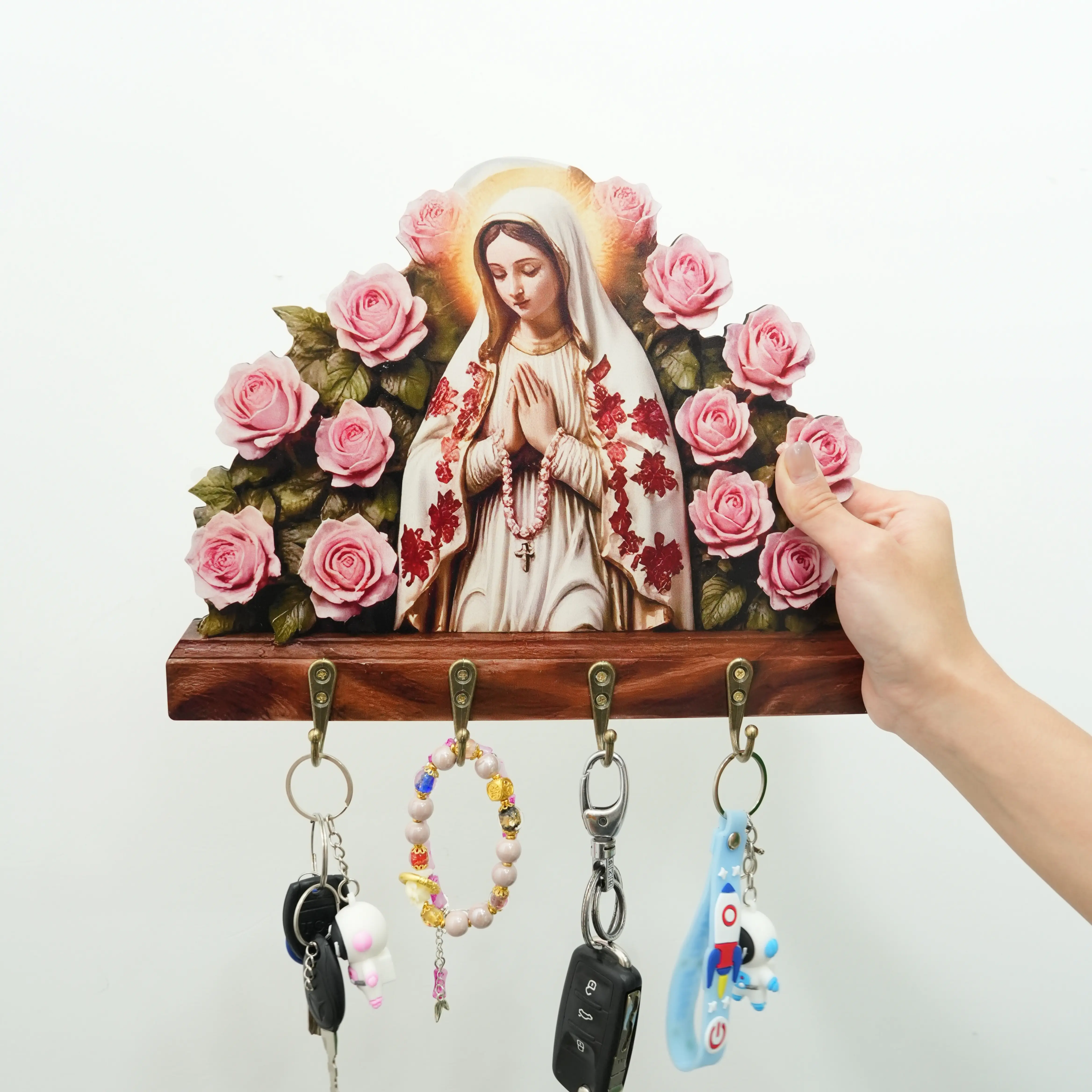 Wooden Wall Key Organiser with 4 Hanging Hooks - Virgin Mary & Baby Jesus Rose Design, Decorative Vintage Religious Wall Decor, Space-Saving Storage Organization Entryway Gift,summerwins