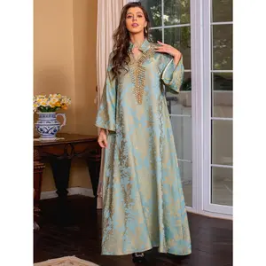 [Elegant |   Arabian] Teal & Golden Elegant V-Neck Color-Block Embroidered Long Sleeve Kaftan Dress |   Arabian Style, Polyester, Machine Washable, All-Season Wear, Allseason Attire |   Elegant Floorlength |   Polyester Fabric