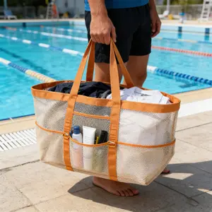 Extra Large Mesh Handbag, Beach Bag, Travel Essential, 12 Pockets with Zipper Bags, Durable Waterproof Swim Storage, Includes Carabiners, Travel Essentials Bag