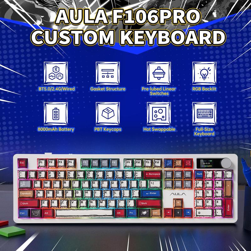 Aula F99PRO/F99/F75/F106PRO Wireless Gaming Keyboard with 8000mAh Battery, Hot Swappable Creamy Keyboard, 2.4GHz/Type-C/BT5.0 ( Graywood & Vector switches & Reaper Switch&Blaze Switch)