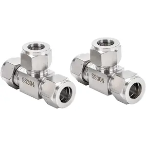 304 Stainless Steel Compression Tee, 3/8" OD 3 Ways Connector Tube Fitting, Pack of 2