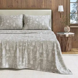 100% Cotton Lodge Print Flannel Sheet Set - Great Bay Home (Queen, Enchanted Woods - Grey)