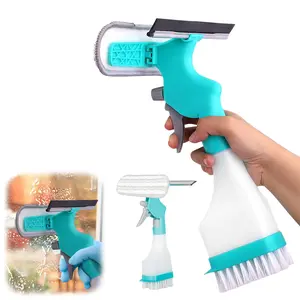 4 in 1 window cleaner, featuring a spray bottle, scraper, fabric cleaning head and brush, is a portable multi-functional refillable glass/laundry/car cleaning bottle suitable for household and car windows.