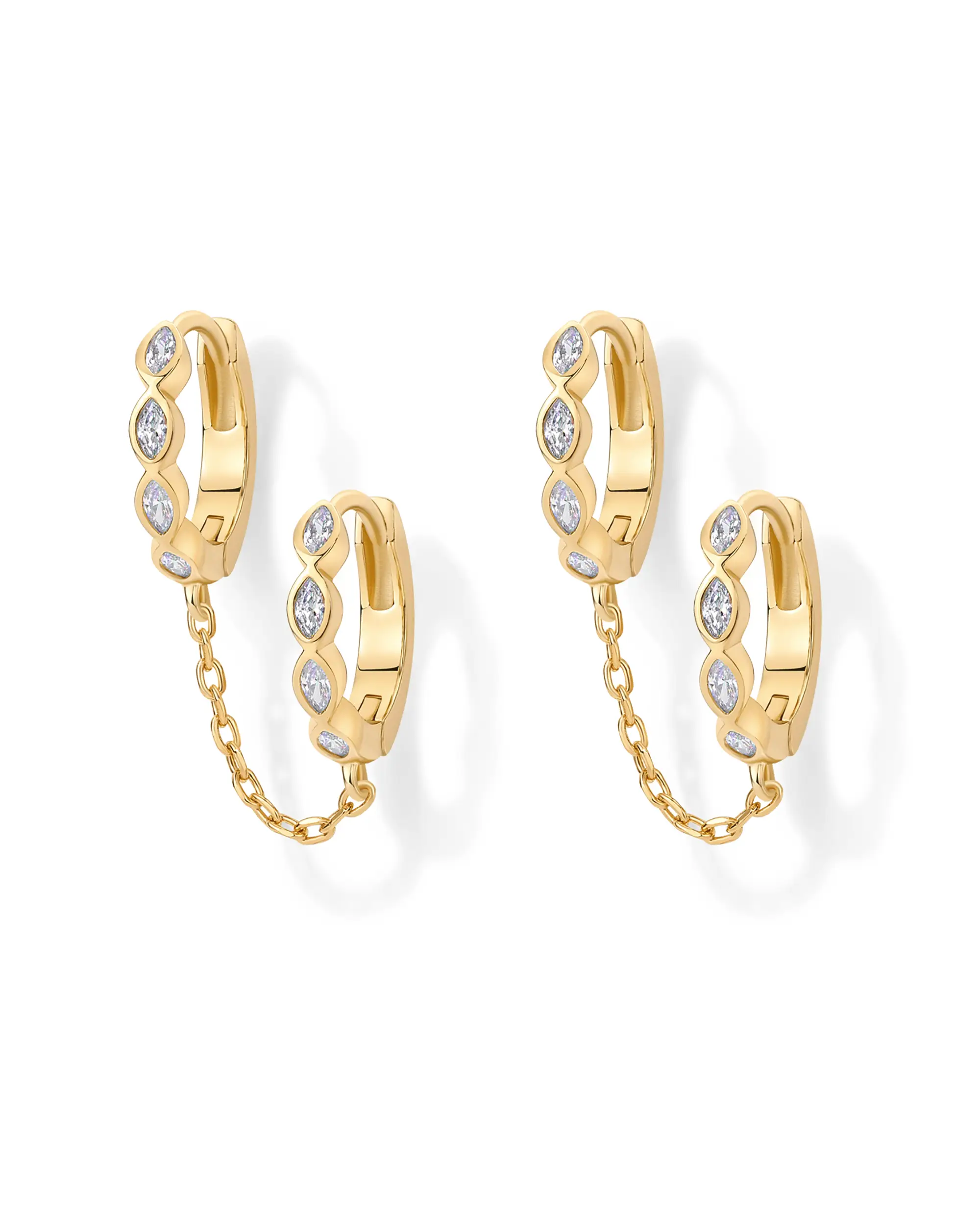 PAVOI 14K Gold Chain Earrings for Women | Double Piercing Huggie Hoop with Dangle Chain | Cubic Zirconia Marquise Stud Ear Cuff