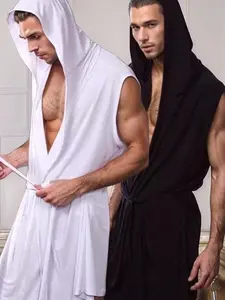 Men's Sexy Deep V Hooded Robe, Sleeveless Smooth Fabric, Deep V Design, Hooded Style, Home Wear, Two Piece Set