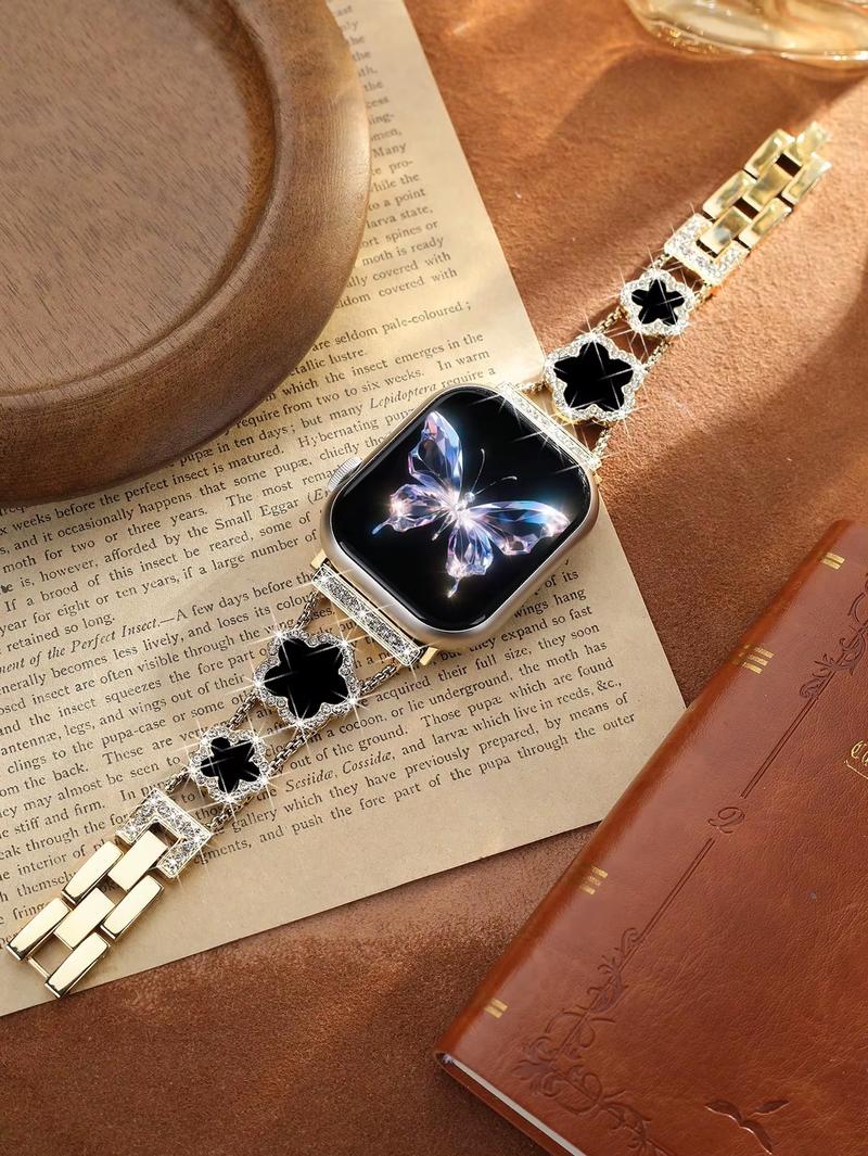 Nice Bling Metal Bracelet Link For Apple Watch Only Band Women Series 38-49mm Strap Gold Butterfly Design Small Big Dial