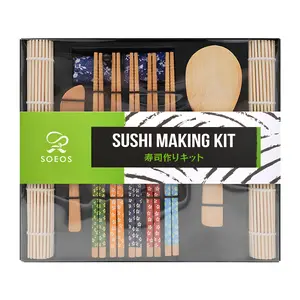 Soeos Sushi Making Kit for Beginners with 2 Sushi Rolling Mats, 5 Pairs Chopsticks, 1 Paddle, 1 Spreader, 1 Cotton Bag,
