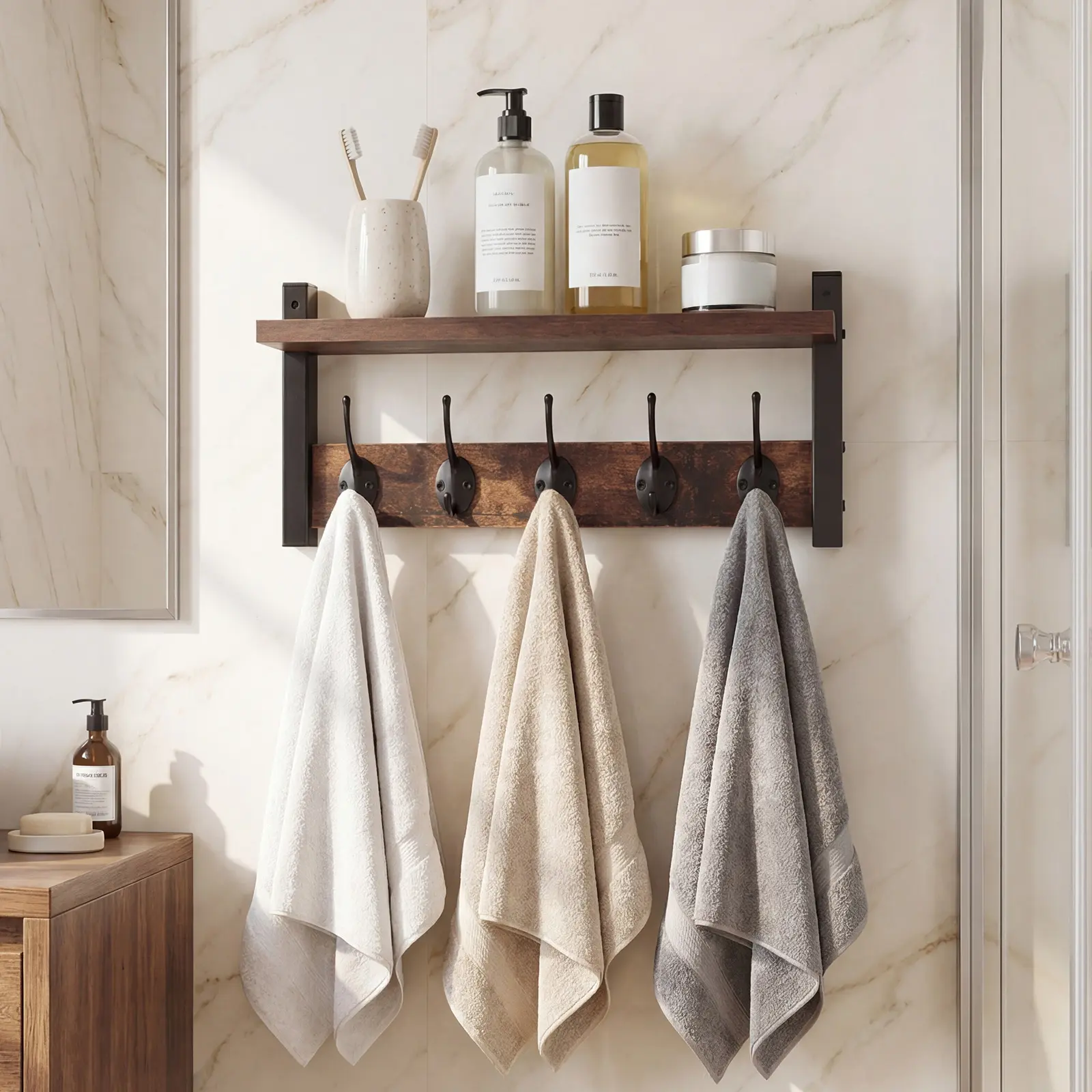 LOVEWE Rustic Wooden Wall-Mount Hook with Shelf - Home Decor, Kitchen & Entryway Room Decor, Space-Saving Home Supplies for Keys, Towels & Small Items
