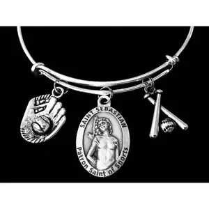 Saint Sebastian Patron Adjustable Bracelet Silver Charm for Baseball Jewelry - Inspirational Gift with One Size Fits All Feature