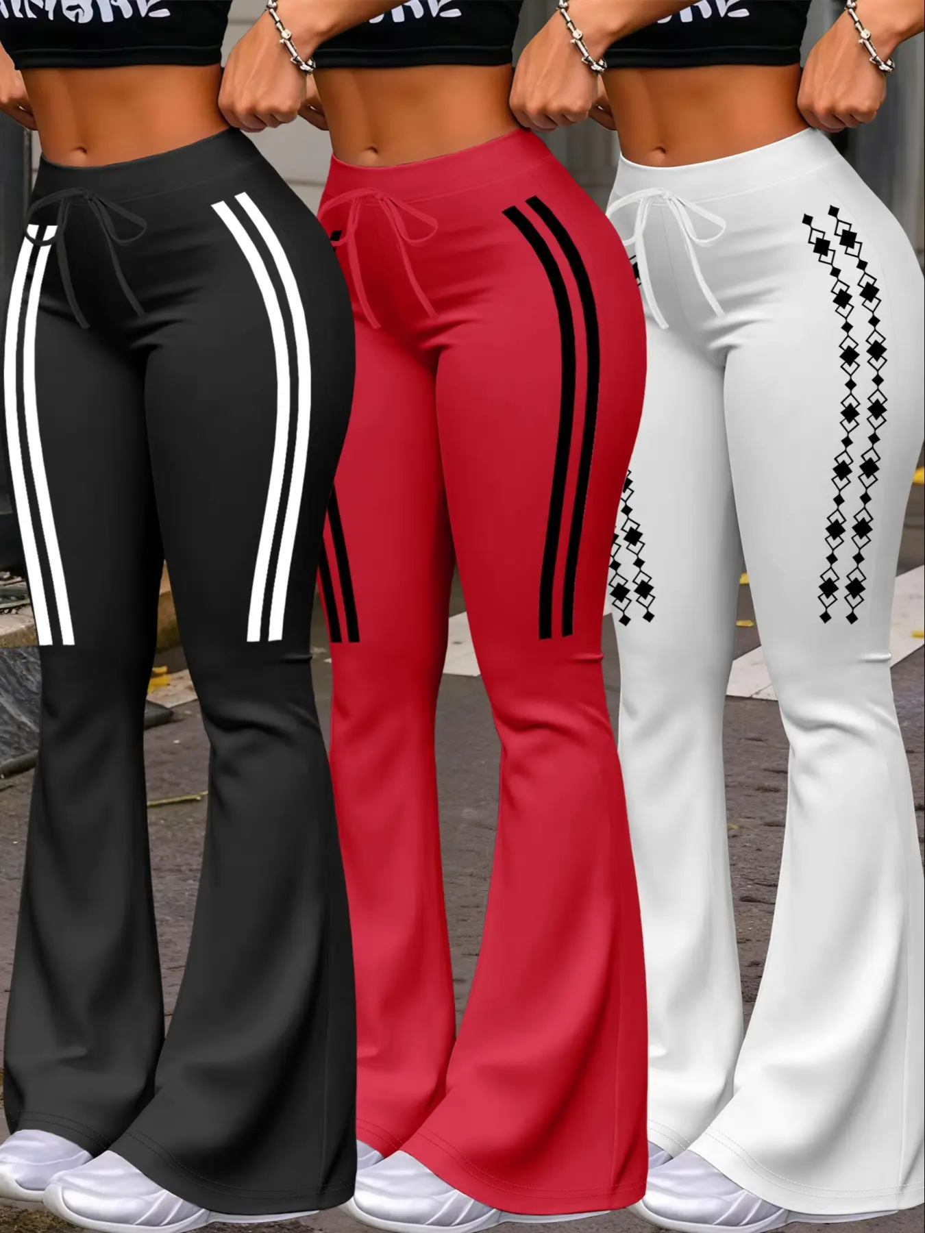 Women's Casual Fashion Long Pants, Bottom, Womenswear, Unique Print, Striped, Drawstring Waist, Adjustable, Soft, Smooth, Milk Silk Athletic Activewear Yoga Pants, Fitted Sportswear, All-Season Wide Leg Fit Jogger Pants, Adjustable Waist Trousers