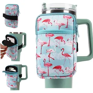 Water Bottle Pouch For Stanley Cup Accessories 40oz 20oz 30oz,Tumbler Pouch With Versatile Flamingo Pocket, For Cards, Keys,Earphone. Fits For Phones, Use For Running, Walking, Hiking. Blue
