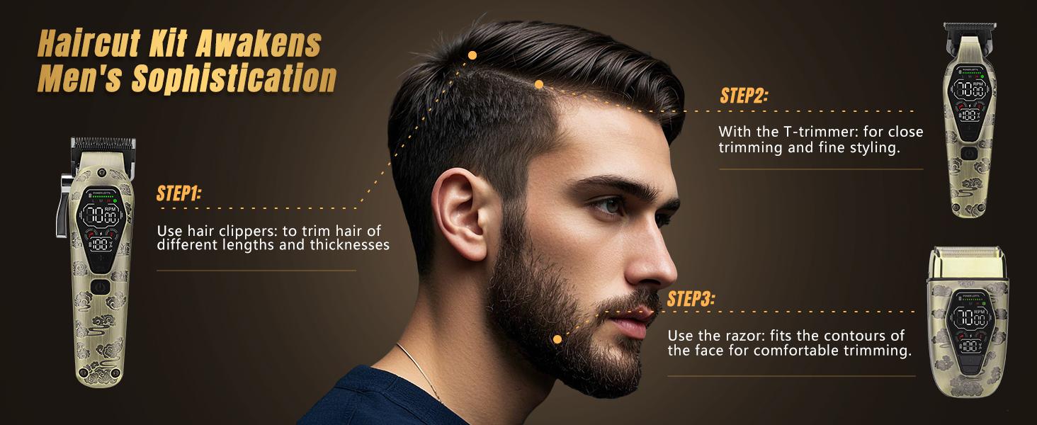 Hair Clippers for Men Professional, T-Blade Hair Trimmer for Men, Electric Shaver Razor, Beard Trimmer, 3 in 1 Cordless Barber Clippers and Trimmers Set, Haircutting Kit LCD Display (Bronze)