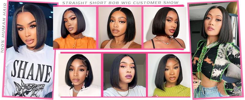 Bob Wig 100% Human Hair Wigs Glueless Lace Front 180% Density 10 Inches Bob, Pre Cut Plucked Lace Short Wig Ready To Go Natural Color Straight Bleached Knots Black Wigs