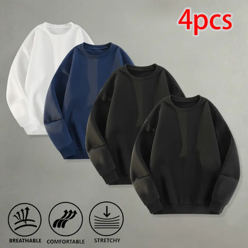Men's 4-Pack Solid Color Crewneck Sweatshirts, Unisex Long-Sleeve Oversized Basic Streetwear Pullovers, for Daily Layering, Gym Outfits