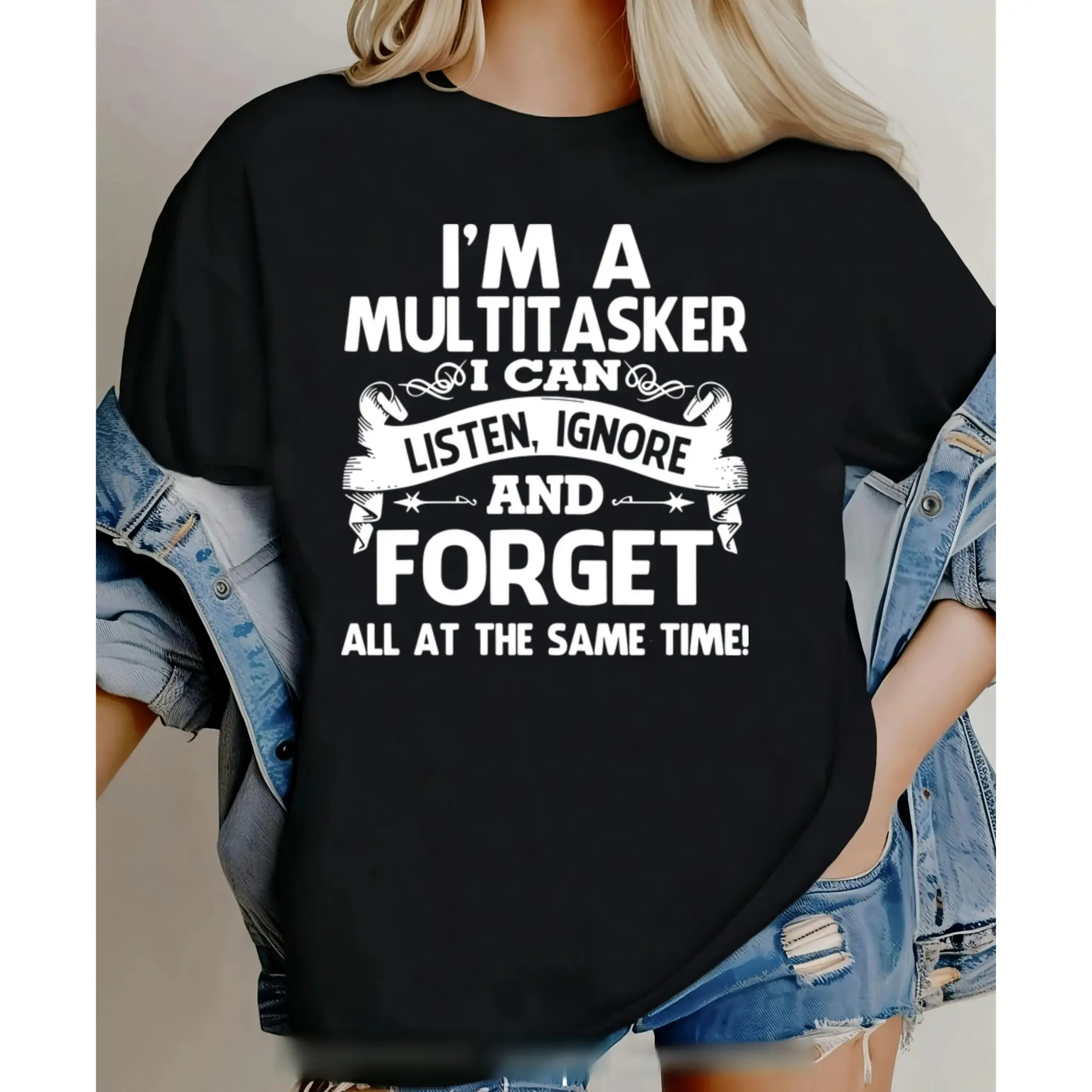 Women's Black Menswear-Inspired Short-Sleeve Cotton T-Shirt, Round Neck, Casual Digital Bonded Fabric, Bold White Retro "I'M A MULTITASKER" Print, Retro Look, Fits All Seasons, Suits Daily Wear