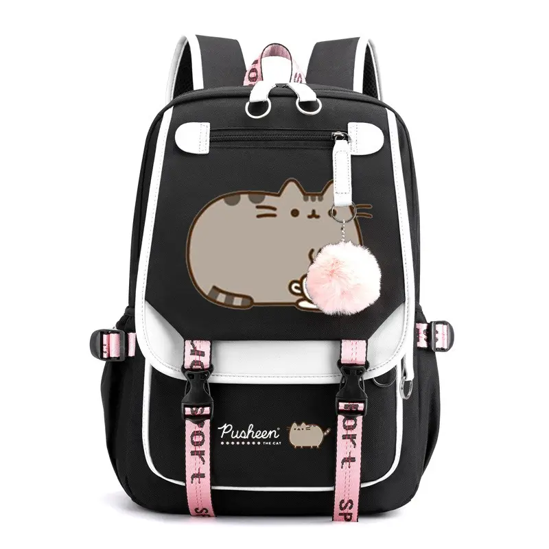 Women's Kawaii Chubby Cat Color-Block Backpack with Pom Pom Pendant, Water-Resistant Oxford School Bag, Large-Capacity for Girls' Student Travel