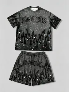 Y2K Dark Grunge Rhinestone Flame Print Matching Set, Black Vintage Washed Short Sleeve T-shirt and Elastic Waist Shorts, Loose Fit Streetwear Tracksuit, Summer Essential for Daily Outings, Street Style & LA Inspired Looks