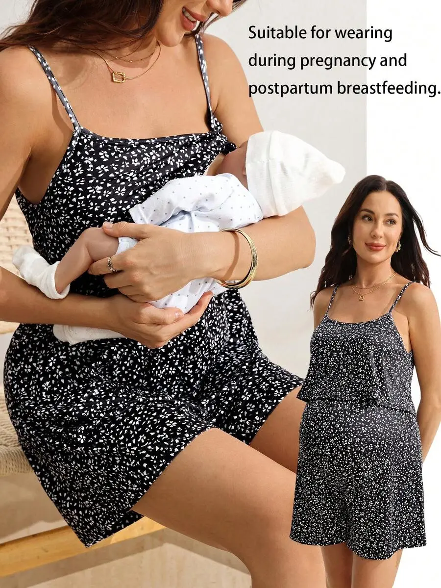 JOCASTAA Maternity All-Over Print Nursing Function Casual Daily Outing Camisole Romper