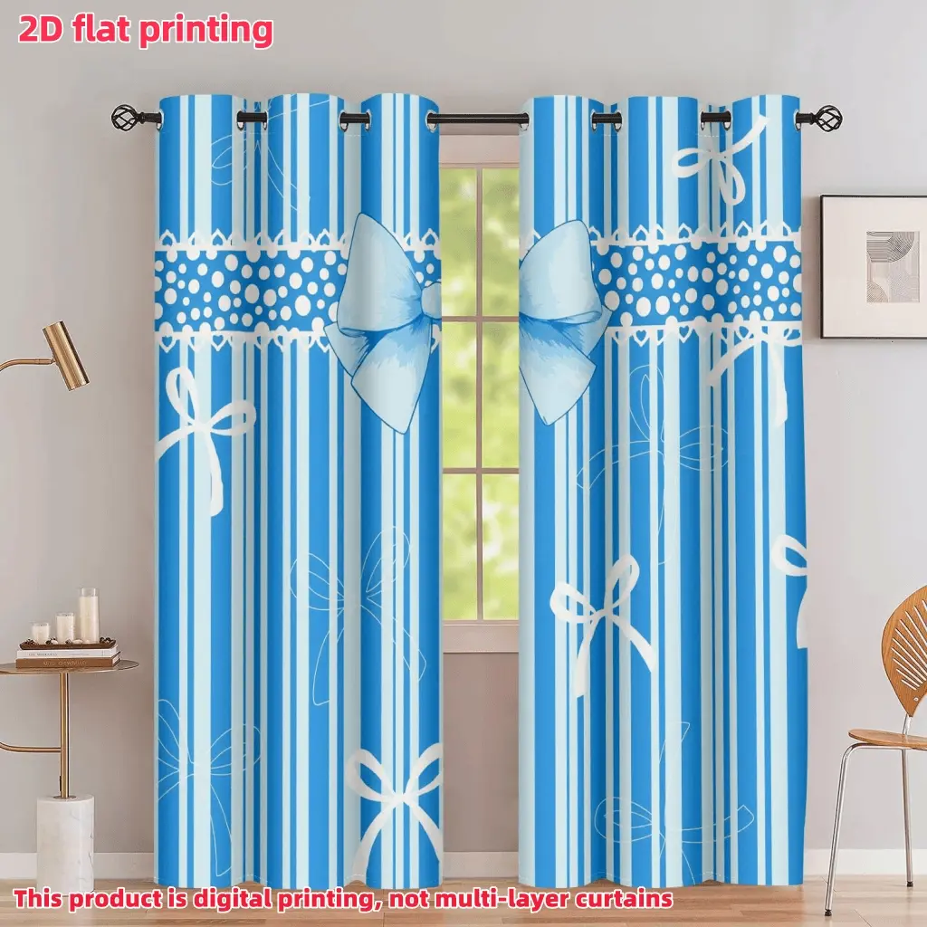 2D Flat 2Pcs Blue White Stripe Pattern Window Curtain Panels with Bows, Semi-Sunshade Polyester Fiber, Suitable for Home Living Room, Bedroom, Balcony, Kitchen, Study Decoration, Accessory, Anti Privacy.