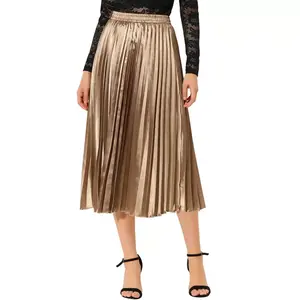INSPIRE CHIC Women's Party Elastic Waist Metallic Shiny Accordion Pleated Midi Skirt Gold-Brown Small