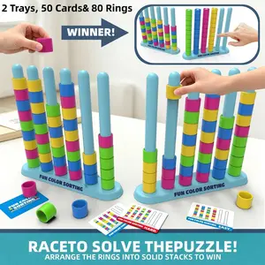 Color Stack Challenge Game, Fast-Paced STEM Color Sorting Stacking Puzzle Toy for Kids , with 2 Stacking Trays, 50 Double-Sided Challenge Cards& 80 Rings, Educational Brain Teaser Matching Activity, Indoor Outdoor Party Play Gift for Boys Girls