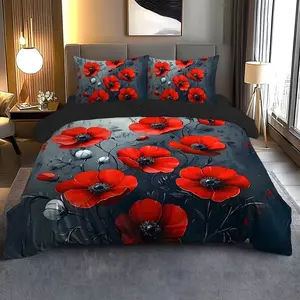 3pcs Valentine's Day Dark Floral Bedding Set (1 Fitted Sheet + 2 Pillowcases), High-Quality Print, Home & Dormitory Use