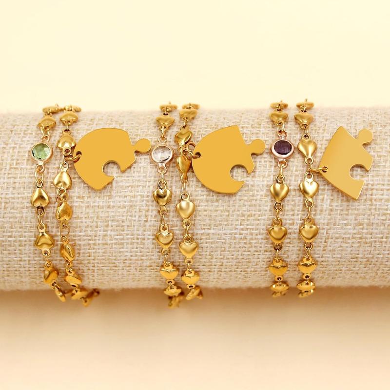 Uloveido Personalized 3 Pieces BFF Heart Puzzle Bracelets with 3 Gift Boxes – Custom Name Stainless Steel Matching Friendship Bracelets for 3 Best Friends