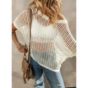 Boho Aesthetic Crochet Knit Top for Women Snatched Scoop Neck Summer Sweater Flattering Hollow Out Beach Coverup