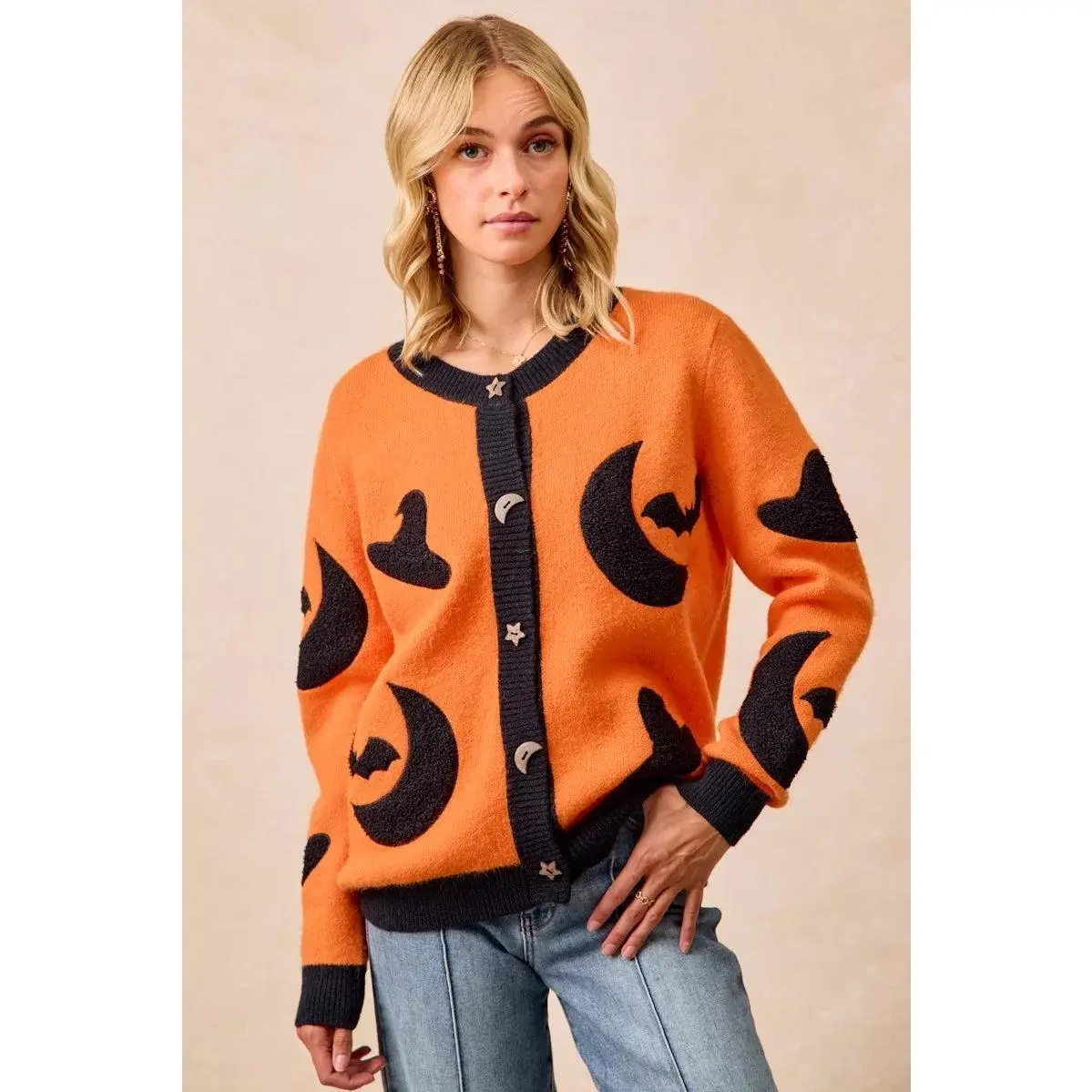 BiBi Halloween Witch Hat Moon Bat Artwork Cardigan