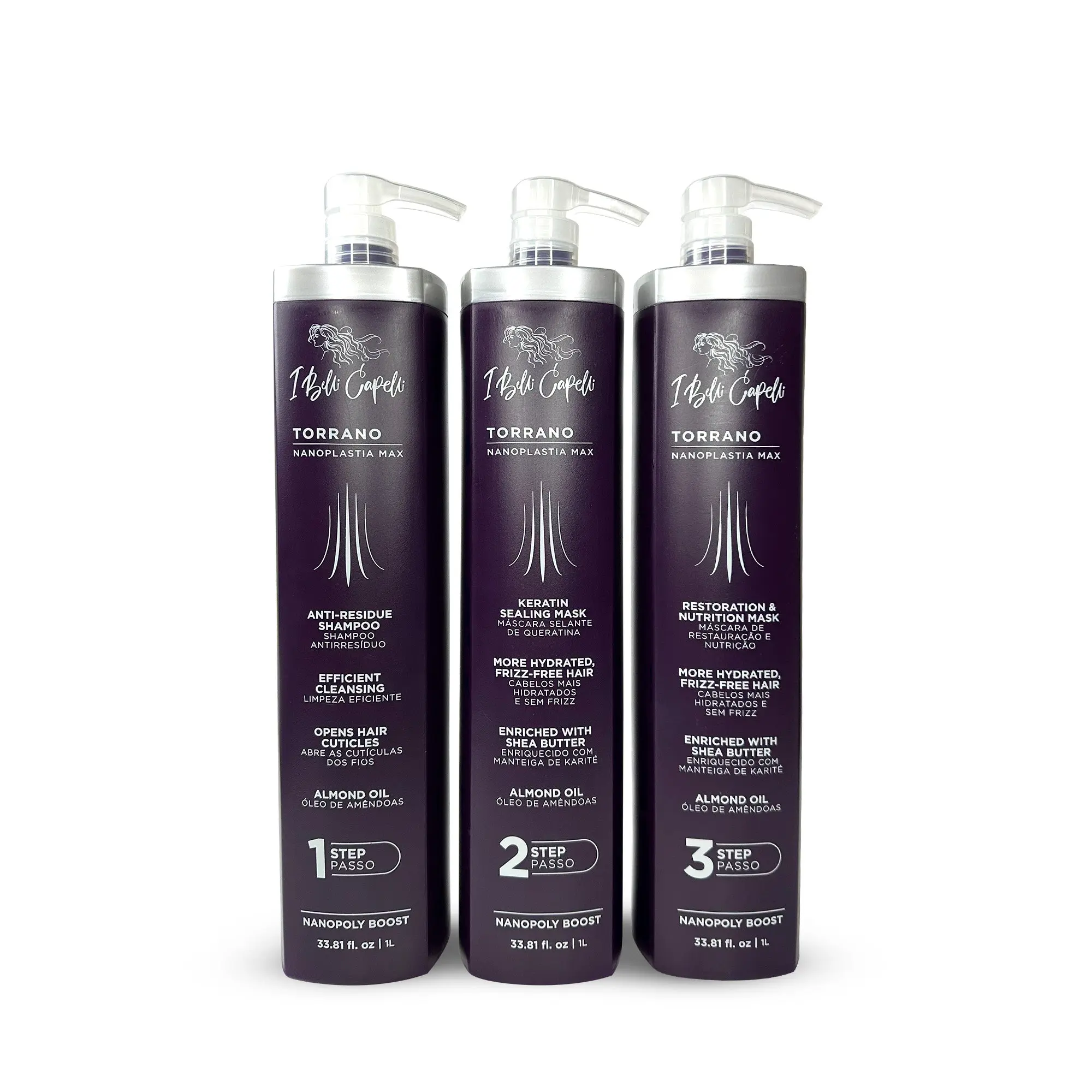 I BELLI CAPELLI Torrano Nanoplastia Max Straightening Kit, 3-Step Haircare System to Restore & Smooth Hair with Keratin, Shea Butter & Tamarind, 3x1L