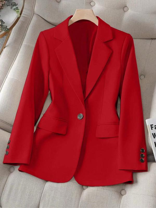 Women's Spring & Fall Solid Color Lapel Long Sleeve Single Button Casual Commuter Blazer Jacket, Fitted Plain Design