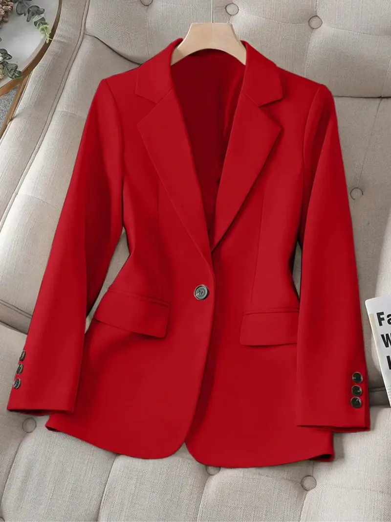 Women's Spring & Fall Solid Color Lapel Long Sleeve Single Button Casual Commuter Blazer Jacket, Fitted Plain Design