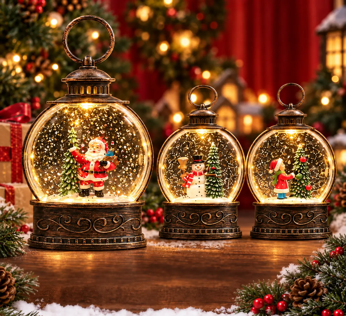 Retro Christmas Santa Water-Filled Globe Lantern String Lights, Mini Lighted Holiday Decoration, Festive Tabletop Night Light & Christmas Gift