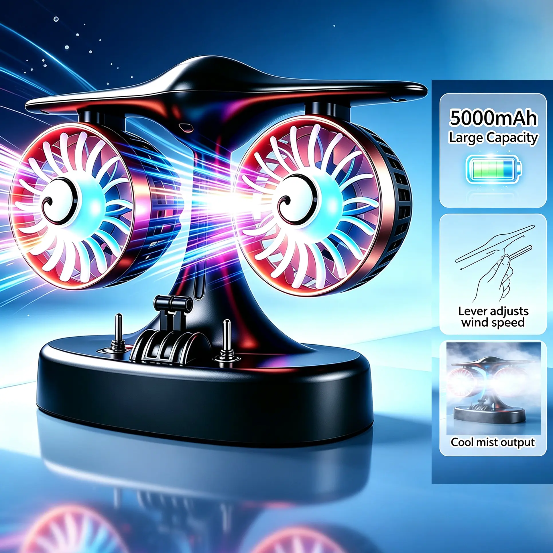 Summerwins Unisex Travel Size ABS Plastic Jet Engine Twin Turbine Portable Fan, Rechargeable Camping Cooler with 3-Speed Strong Wind, RGB Lights, 8000mAh 18H Long Battery, Quiet Adjustable Angle, Type-C Fast Charging for Desk Outdoor Use