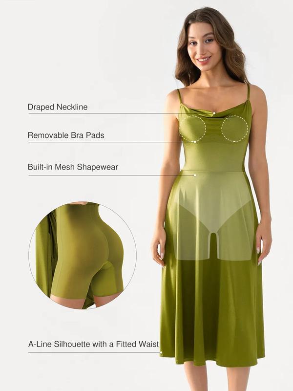 Popilush Satin Cowl Neck Spaghetti Strap Midi Swing Dress - Casual Breathable Elastic Fabric for Everyday Womenswear Feminine Adjustable Mesh