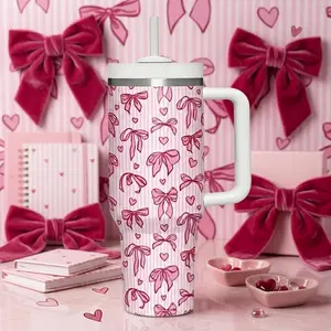 Pink Bow 40oz Tumbler, Coquette Heart Drink Cup, Girly Hydration