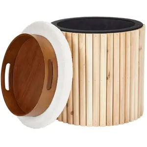 Esme Ottoman Collection - Mid-Century Modern Bamboo & Boucle Storage Ottoman