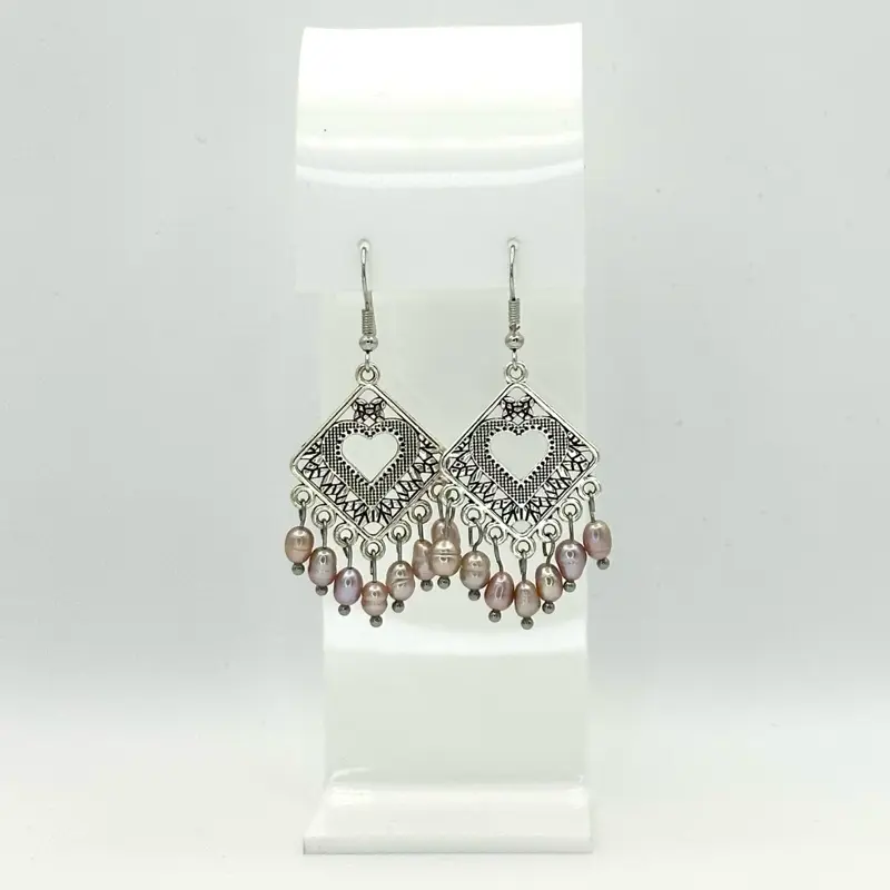 Handmade Pearl Dangle Earrings Vintage Heart Boho Jewelry