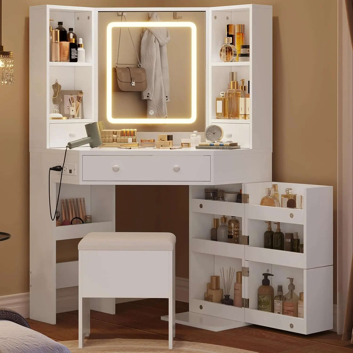 HAUOMS Vanity Desk with Mirror Lights, Storage Bench & Power Outlet, Corner Vanities with Rotating Cabinet & Drawers, 42.5" L Shaped Vanity Set, 3 Light Settings, for Women Girls, Modern
