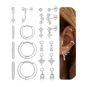 Women's Hypoallergenic Plated Silver Color Flat Back Earrings, Stainless Steel Hoop Cartilage Earrings with Cz Charms, Flat Pierced Earring