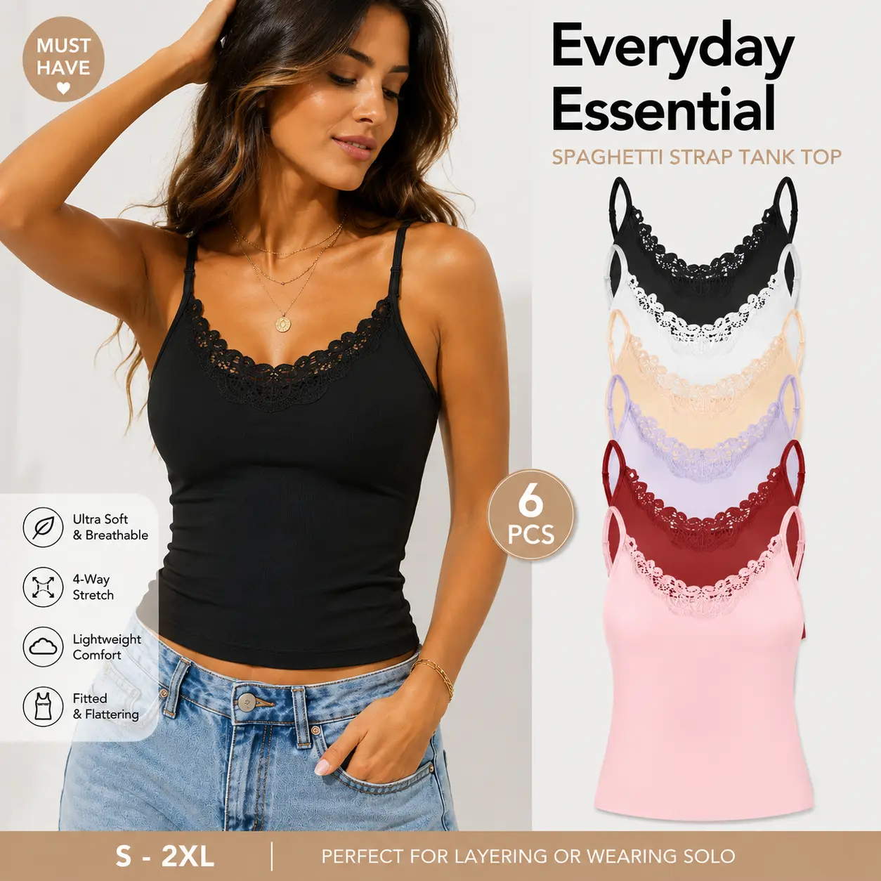 【Free shipping】Women Lace Trim Camisole Tank Tops Adjustable Spaghetti Strap Cami Sleeveless Ribbed Stretch Basic Layering Tops Soft Slim Fit Camis for Daily Wear Lounge Sleep Yoga Workout Casual Summer Undershirt White Black Pink Beige Purple Red
