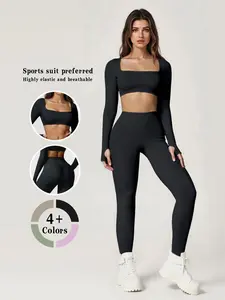Workout Sets for Women 2 Piece Twist Front Long Sleeve Crop Tops High Waist Leggings Gym Sets athletic running yoga tight fit Exercise Activewear Fitness Compression Clothing in Solid Colors