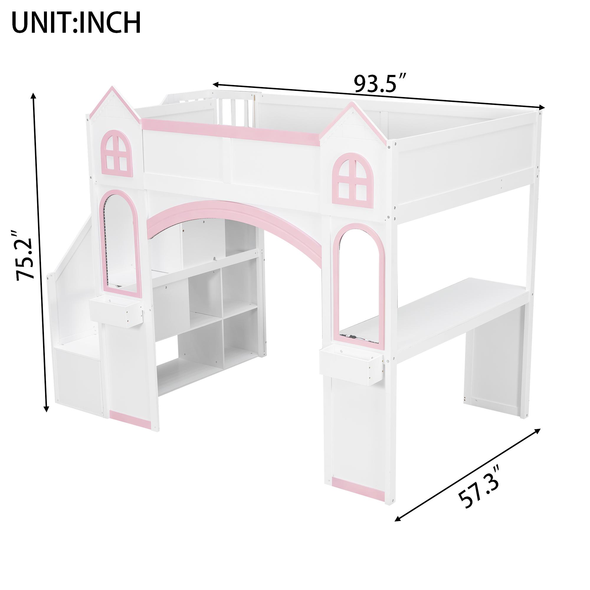 Full Size Loft Bed Frame with Storage Staircase and LED Light, Wood Castle Full Loft Bed Frame with Desk, Windows & Shelves for Kids, Teens, Boys or Girls, Montessori Bed, Pink