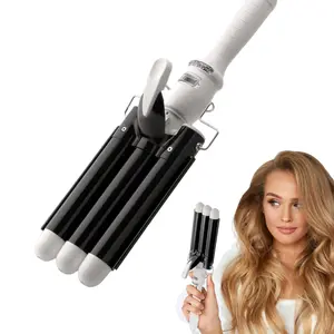 1 Inch Ceramic Tourmaline Three Barrel Curling Iron Wand, LCD Temperature Display Dual Voltage Hair Waver, Fast Heating Crimping Tool for Beachy Frizz Free Waves (White/Pink)