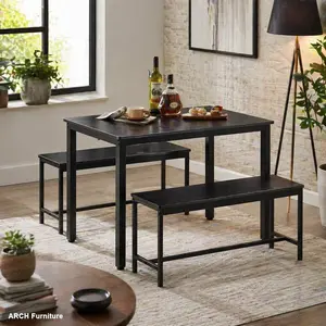 Industrial Arch Counter Height Kitchen Table Set with 2 Dining Benches, 43.3in L x23.6in W x29.9in H Black, Space Saver, Quick Setup, Seats 4 for Kitchen, Living Room, Seats Four