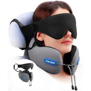 Travel Neck Pillow for Airplane with Head Strap and 3D Eye Mask, Dual Density Foam Neck Airplane Travel Pillow for Long Flights/Trips/Office Naps, Grey
